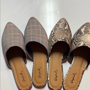 Qupid Plaid and Snake Print Mules